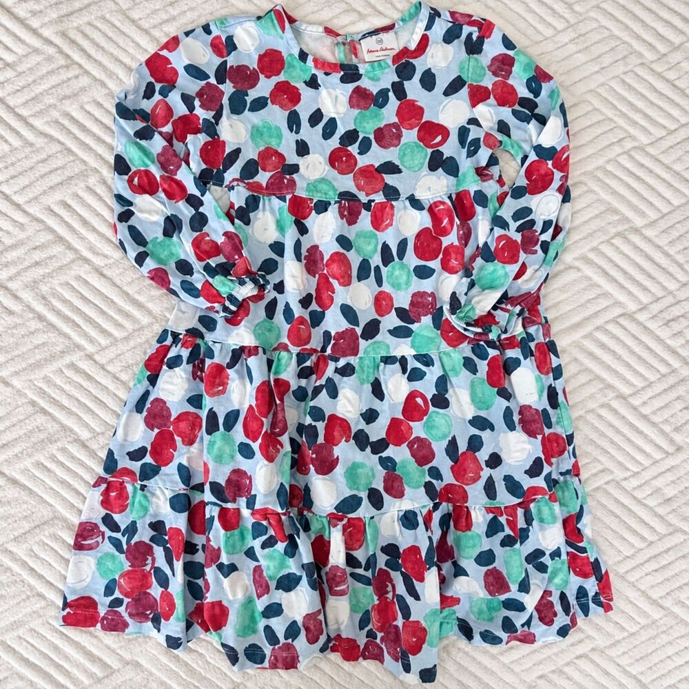 Hanna Andersson Girls Size 120 Blue Apple Print Tiered Cotton Dress Long Sleeve